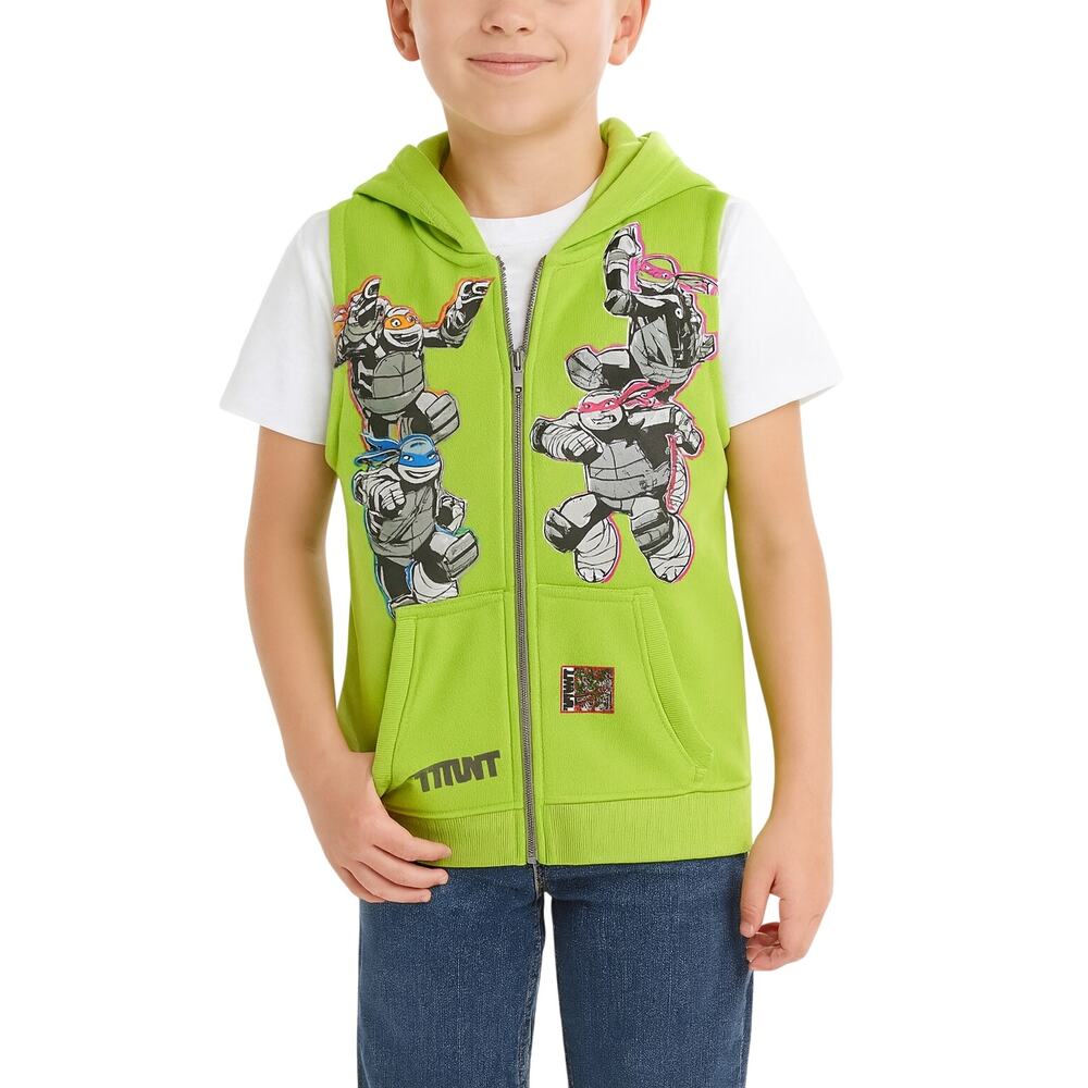 Nickelodeon TMNT Green Graphic Kid's Full Zip Hooded Sweater Vest Size 8